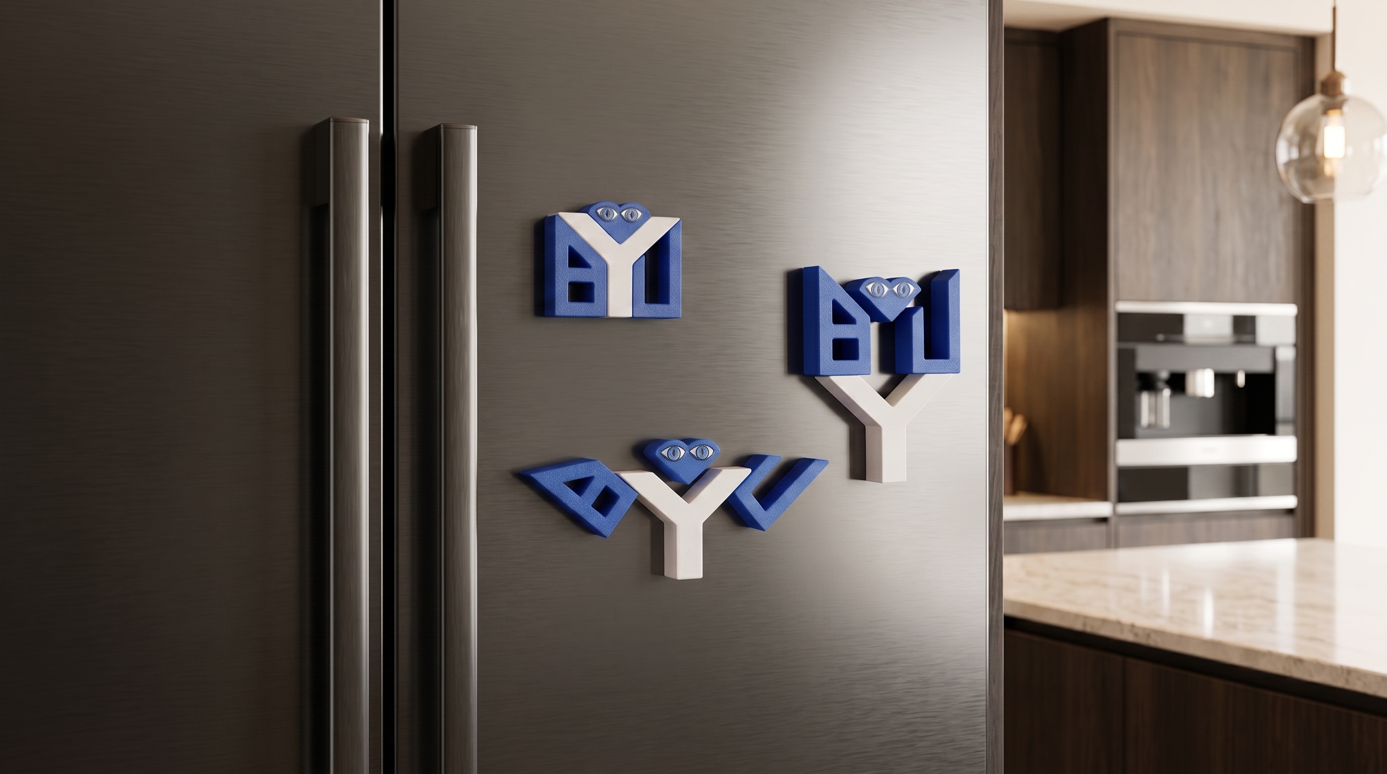 Eye Love BYU magnetic pieces arranged in three configurations on a stainless steel refrigerator